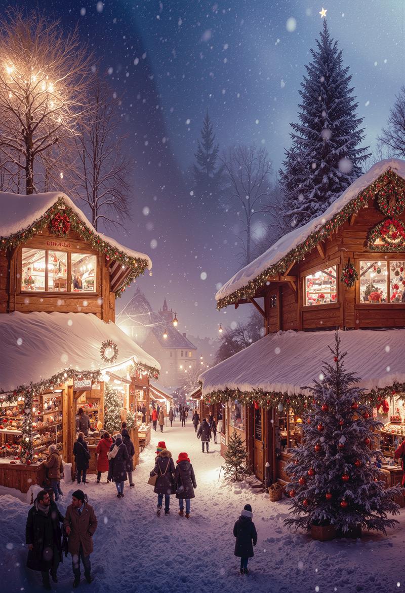 雪降るクリスマスマーケットを歩く観光客