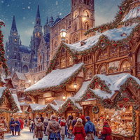 雪が降る夜のライトアップしたクリスマスマーケットの写真