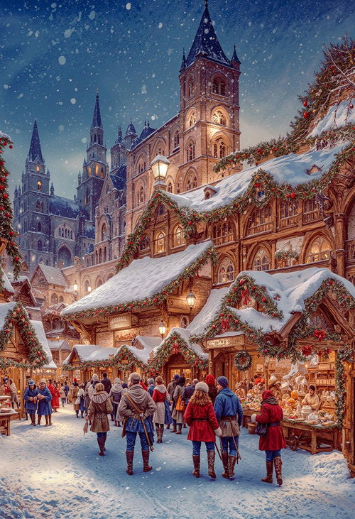 雪が降る夜のライトアップしたクリスマスマーケット