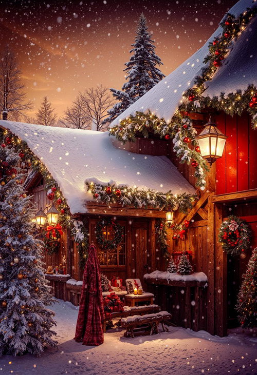 雪景色のクリスマス小屋と温かい灯り