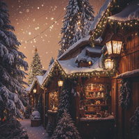雪降る夜のクリスマスマーケットの写真