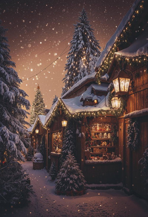 雪降る夜のクリスマスマーケット