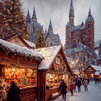 雪が降る夜の屋外クリスマスマーケットと光る屋台の写真