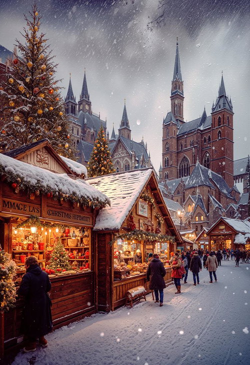 雪が降る夜の屋外クリスマスマーケットと光る屋台