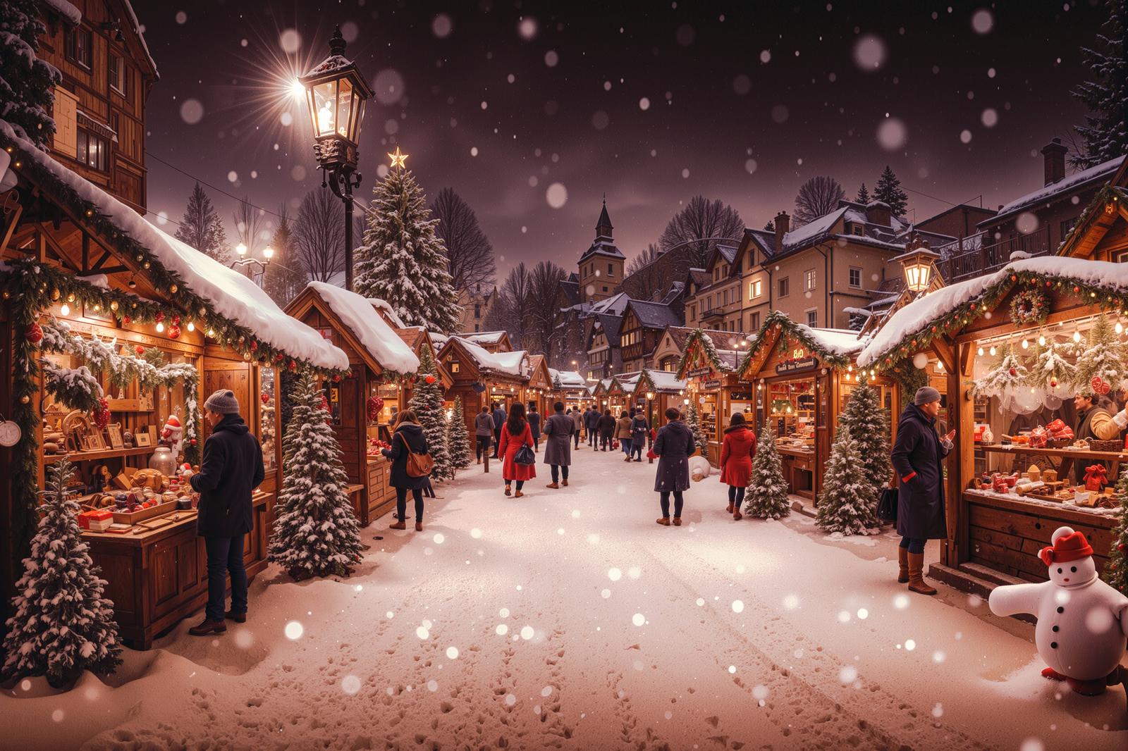 雪が降る夜のクリスマスマーケットで屋台が並び人々が歩く様子