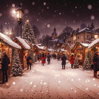 クリスマスツリーと明かりがついた雪降るマーケットの写真