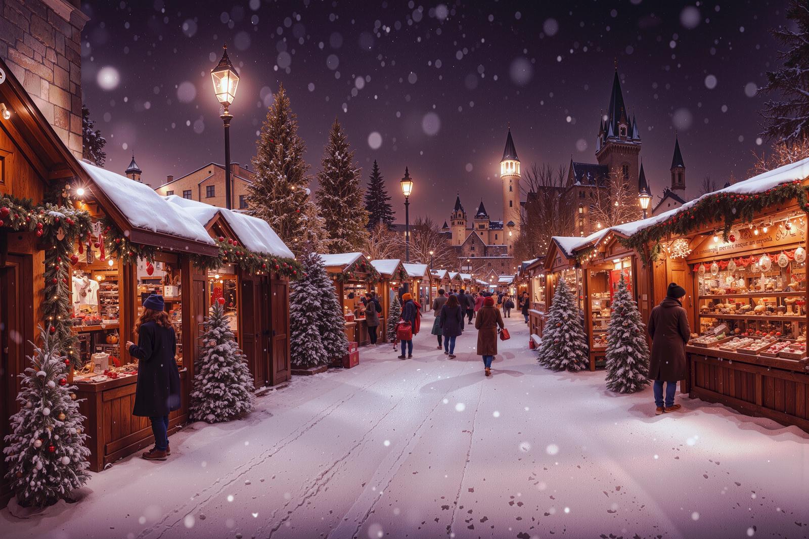 雪が降る夜のクリスマスマーケットで、両側に露店が並び奥にクリスマスツリーが見える街並み
