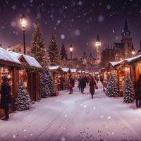 雪降る夜の道沿いに並ぶクリスマスショップの写真