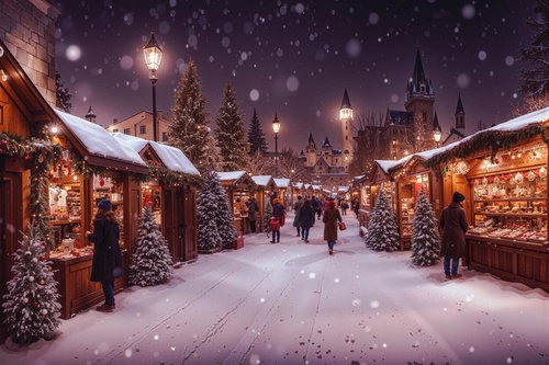 雪降る夜の道沿いに並ぶクリスマスショップ