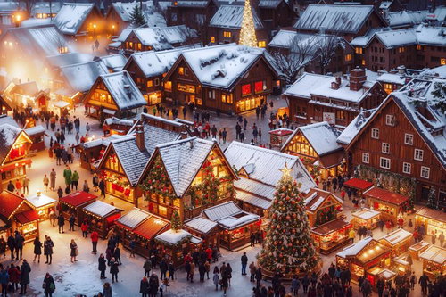煌びやかにライトアップされた雪の街のクリスマス風景