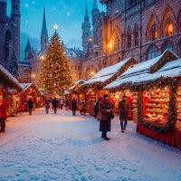 大きなクリスマスツリーと降雪が積もるクリスマスマーケットの写真