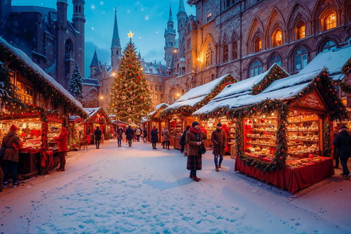 大きなクリスマスツリーと降雪が積もるクリスマスマーケット