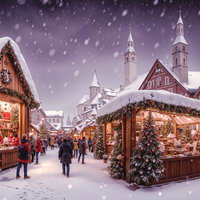 舞い散る雪とクリスマスマーケットの木造屋台に灯るイルミネーションの写真