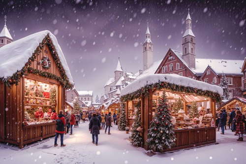 舞い散る雪とクリスマスマーケットの木造屋台に灯るイルミネーション