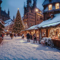 雪道脇に立つクリスマスツリーのクリスマスマーケットの写真