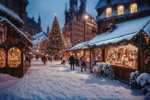 雪道脇に立つクリスマスツリーのクリスマスマーケット