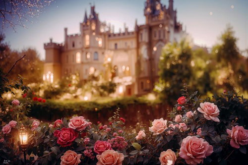 散りばめられたネオンのイルミネーションと薔薇の花