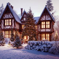 雪景色に浮かぶ洋館前のクリスマスツリーのイルミネーションの写真