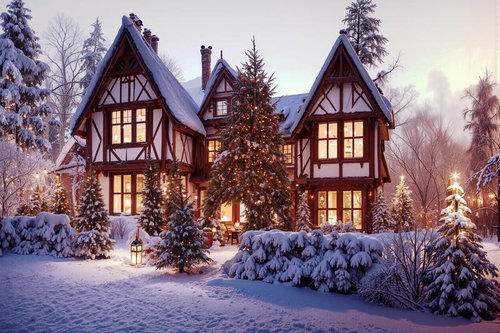 雪景色に浮かぶ洋館前のクリスマスツリーのイルミネーション