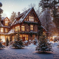 雪景色の洋館とクリスマスツリーの夜間装飾の写真