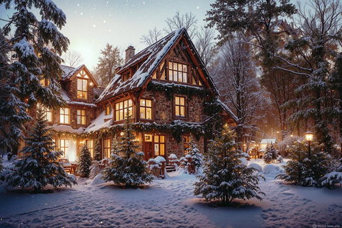 雪景色の洋館とクリスマスツリーの夜間装飾