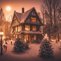 積雪と洋館の明かり、クリスマスツリーの夜景の写真