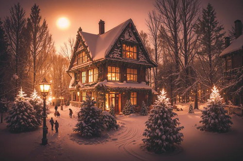 積雪と洋館の明かり、クリスマスツリーの夜景