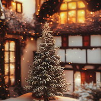 キラキラ光る降雪と中庭のクリスマスツリーの夜景の写真