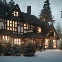 雪が降るクリスマスの洋館の写真