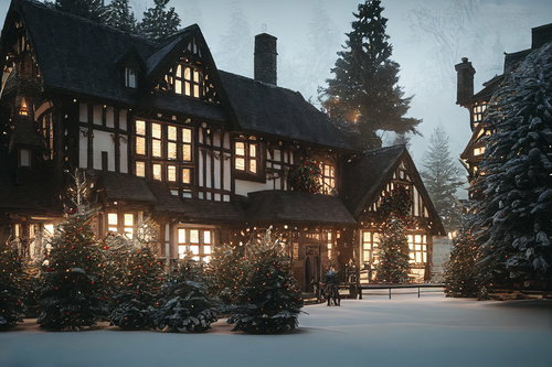 雪が降るクリスマスの洋館