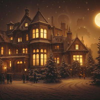 月明かりに照らされたクリスマスツリーと洋館風の夜景の写真