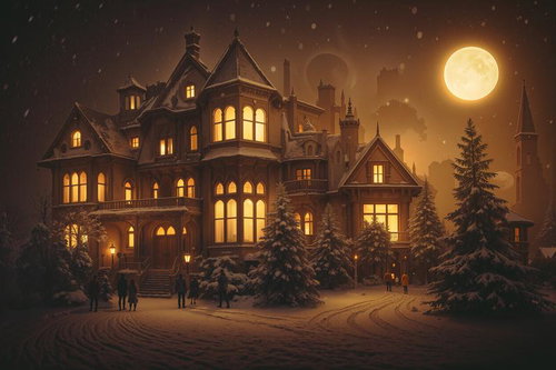 月明かりに照らされたクリスマスツリーと洋館風の夜景