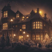 雪の中で窓から明かりが漏れる冬のクリスマス洋館の写真