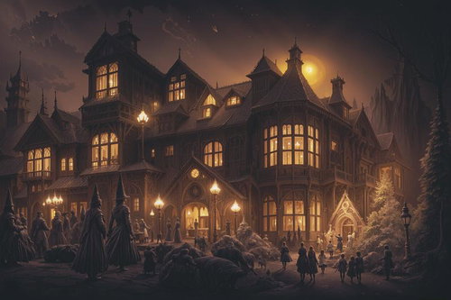 雪の中で窓から明かりが漏れる冬のクリスマス洋館