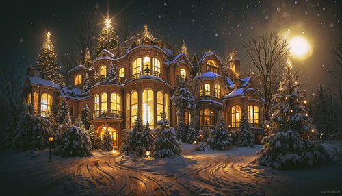 クリスマスイルミネーションに装飾された洋館風の館