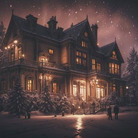 舞い散る雪と明かり灯る洋館のクリスマス夜景の写真