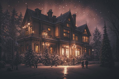 舞い散る雪と明かり灯る洋館のクリスマス夜景