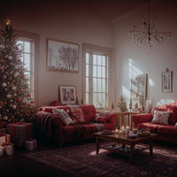 大きなソファーとクリスマスツリーがあるリビングの暖炉の写真