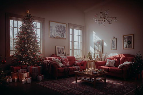 大きなソファーとクリスマスツリーがあるリビングの暖炉