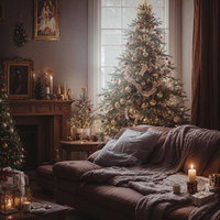 暖炉と間接照明が彩るクリスマスツリーのあるリビングの写真