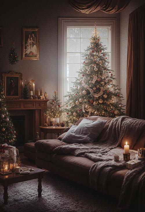 暖炉と間接照明が彩るクリスマスツリーのあるリビング