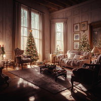 広いリビングに飾られたクリスマスツリーと暖炉の写真