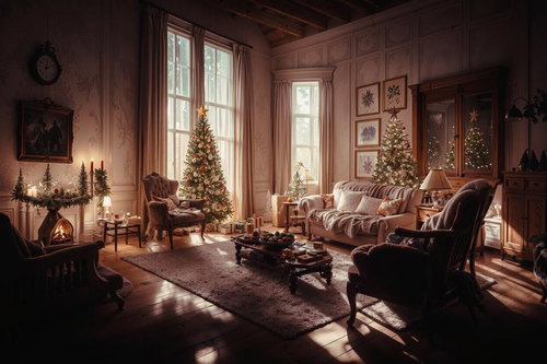 広いリビングに飾られたクリスマスツリーと暖炉