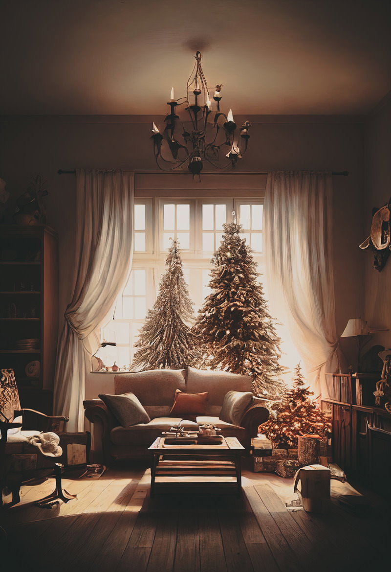 暖色系の照明に包まれたリビングに飾られたクリスマスツリー