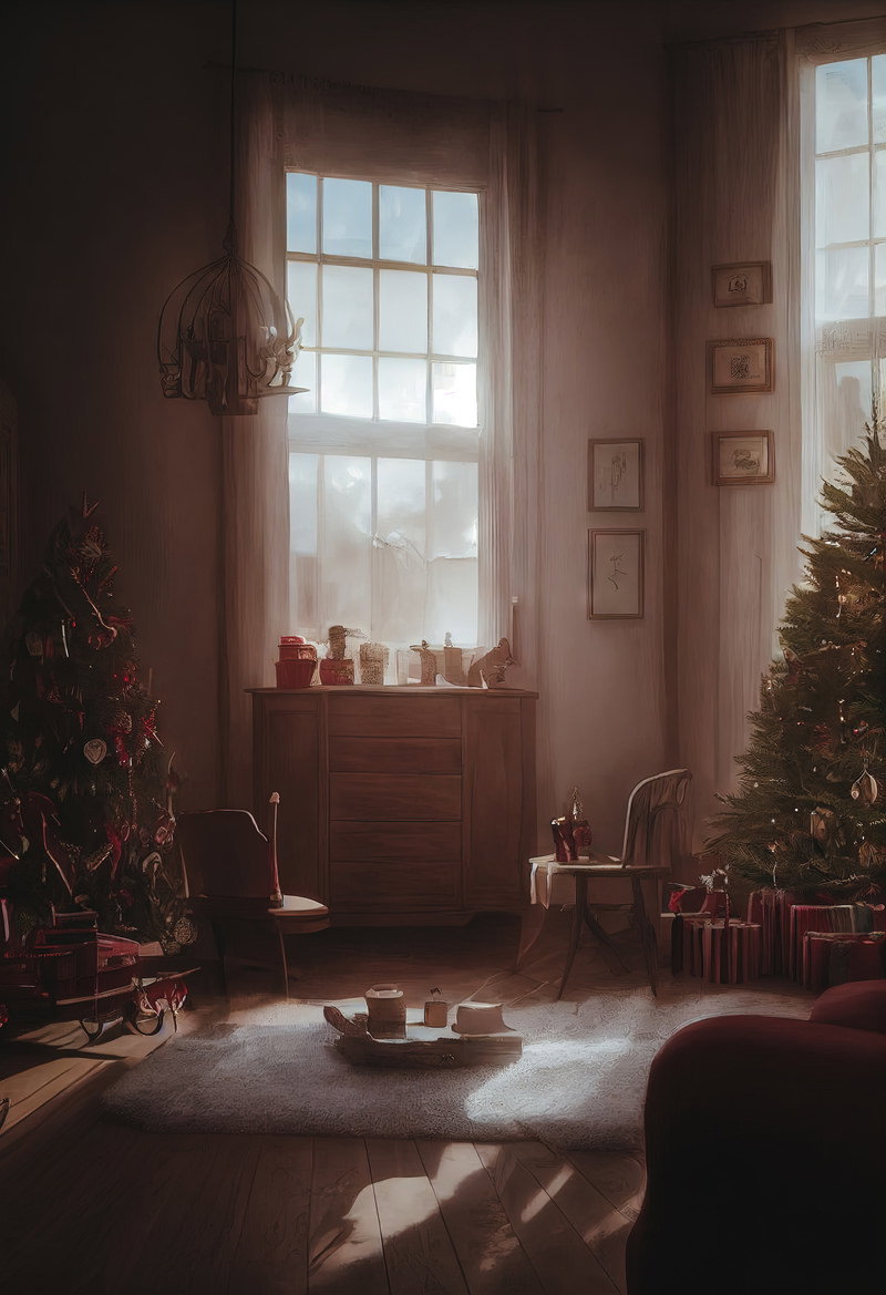 暖炉とソファがあるリビングに飾られたクリスマスツリー