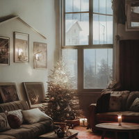おしゃれな室内の暖炉脇に飾るクリスマスツリーの写真