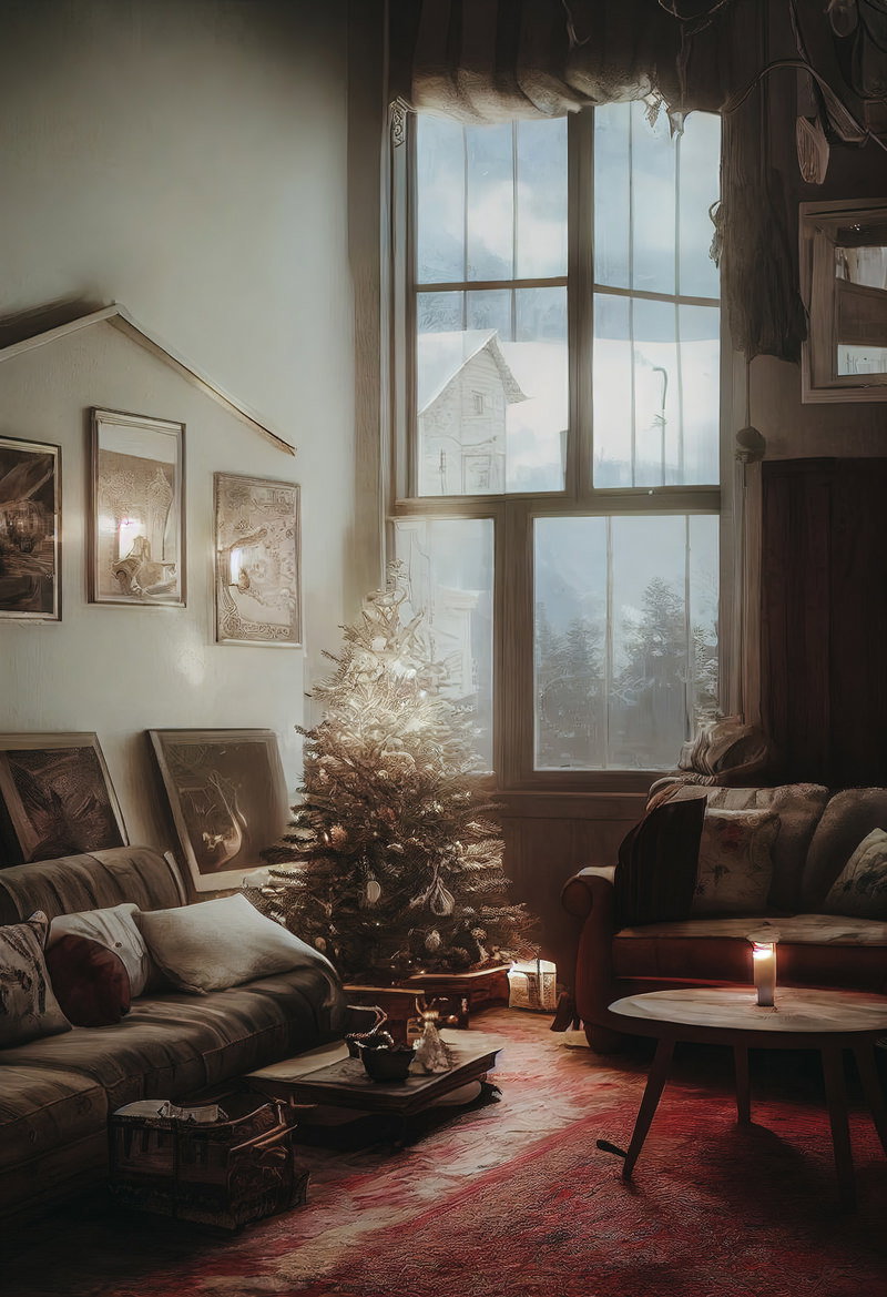 暖炉のあるリビングに飾られたクリスマスツリーとソファ