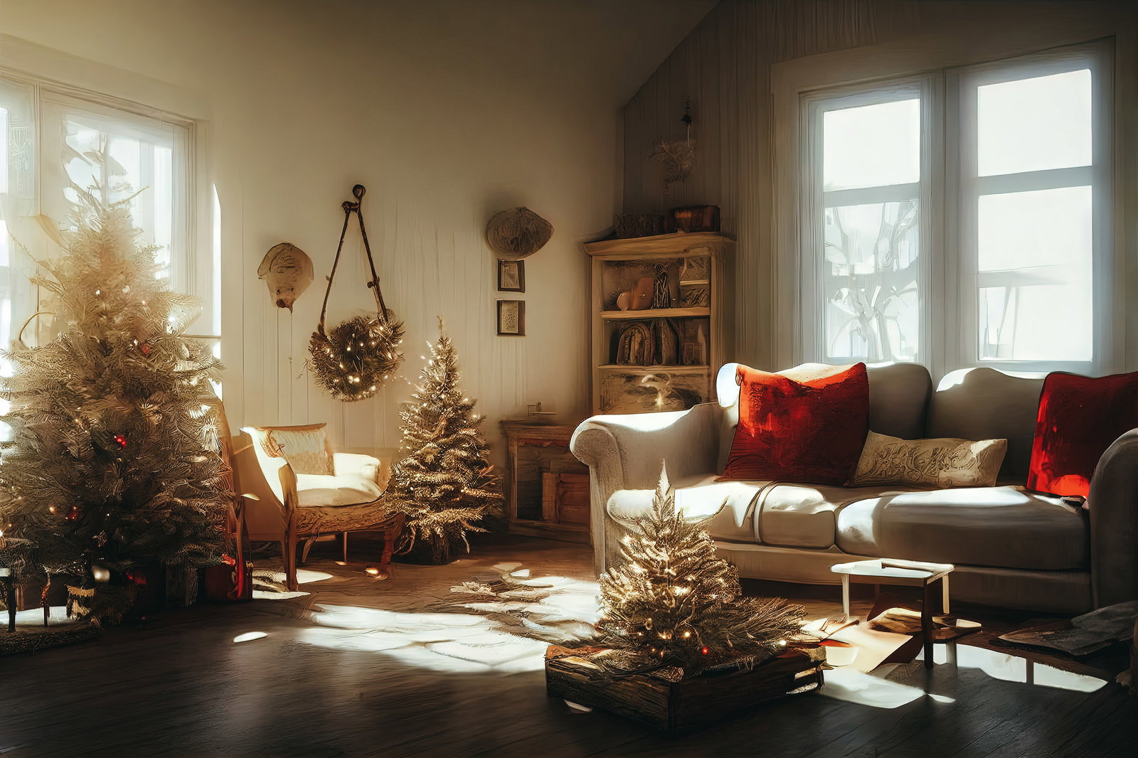 自然光が差し込むリビングルームにクリスマスツリーとソファが配置された温かみのある室内
