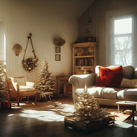 自然光が差し込むクリスマスオーナメント飾るリビングの写真