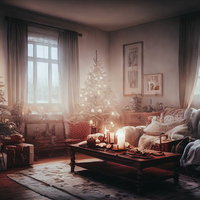 暖炉とクリスマスツリーを設置したリビングの写真